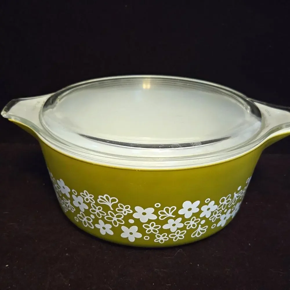 Vintage Pyrex Spring Blossom Green 472-B Casserole Dish 2.5 Qt Crazy Daisy Lid